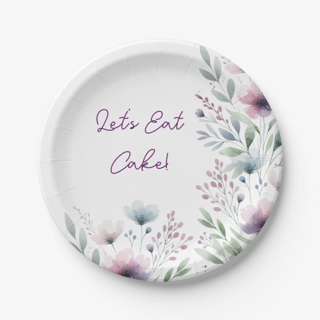 Let's Eat Cake! Pretty Botanical Wedding Cake Paper Plates (Front)