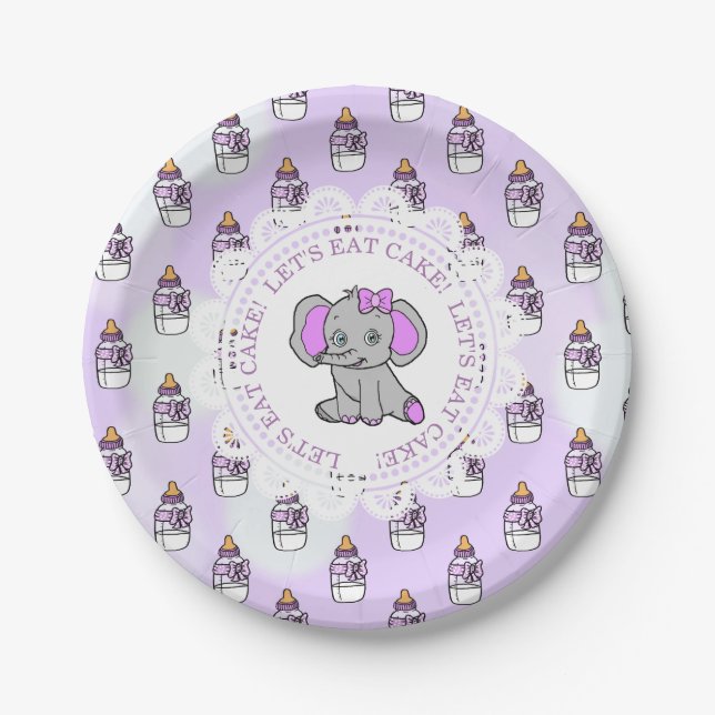 Let's Eat Cake Purple Elephant Themed Baby shower Paper Plates (Front)
