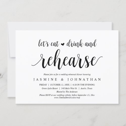 Lets Eat Drink and Rehearse Rehearsal Dinner Invitation