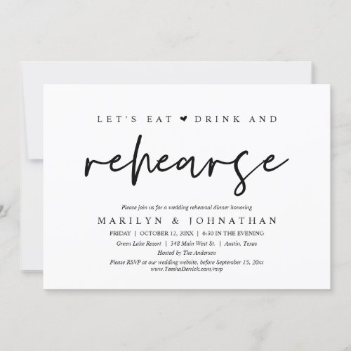 Lets Eat Drink and Rehearse Wedding Dinner Invitation