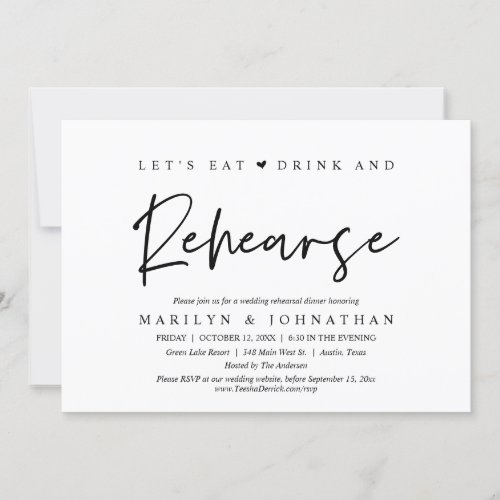 Lets Eat Drink and Rehearse Wedding Dinner Invitation