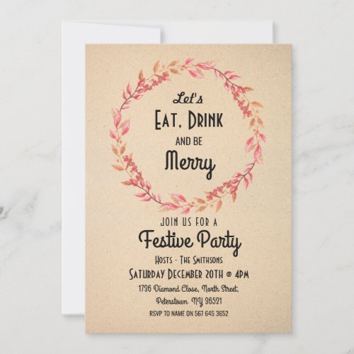 Lets Eat Drink  Be Merry Christmas Beige Invite