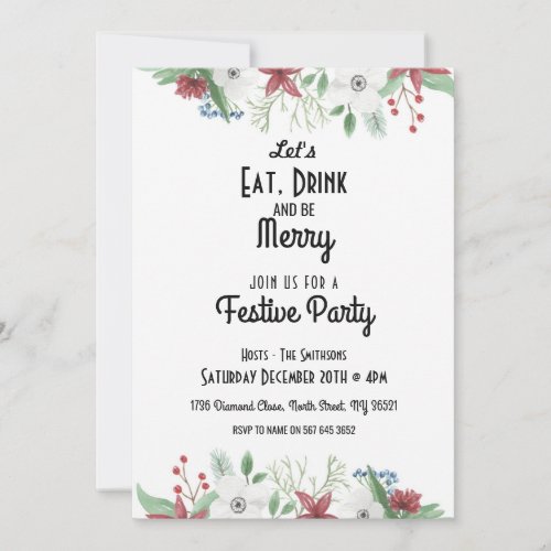 Lets Eat Drink  Be Merry Christmas Floral Invite