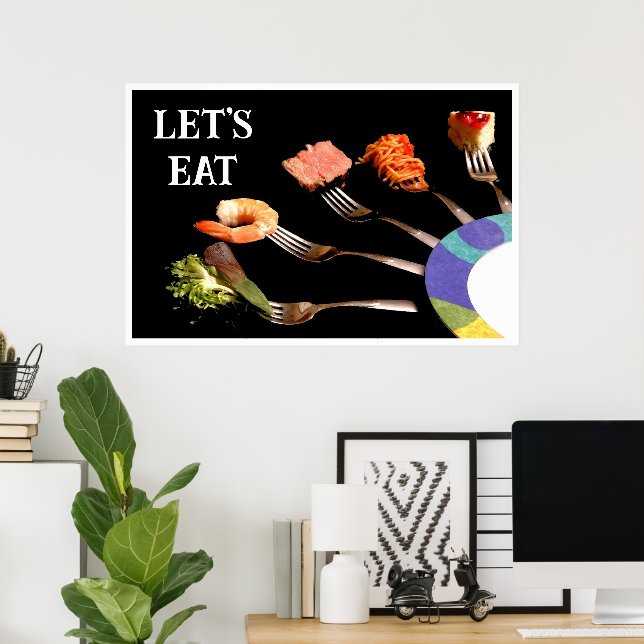 Let's Eat Food on Forks Black Modern Poster (Home Office)