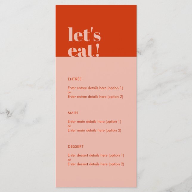 Let's Eat Modern Minimalist Orange Wedding Menu (Front)