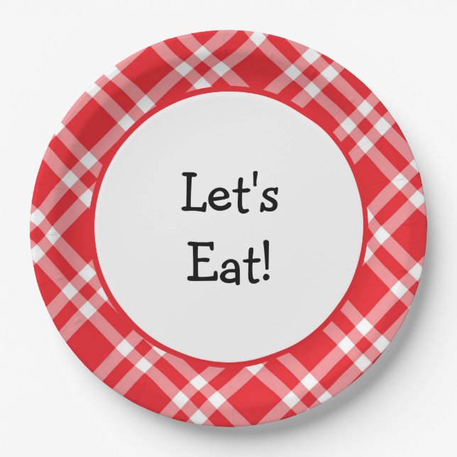 Let's Eat Red and White Plaid Paper Plates (Front)