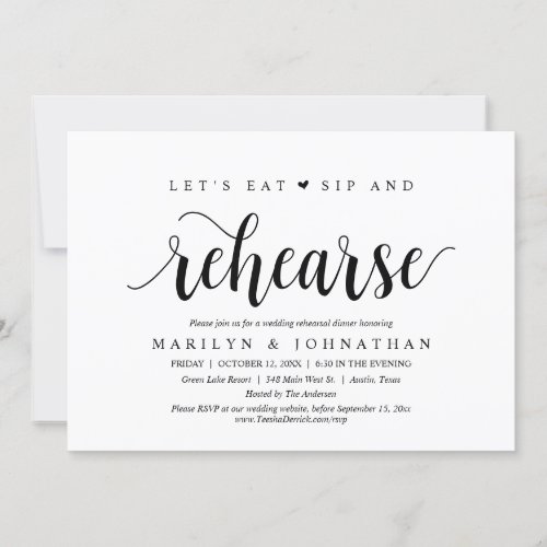 Lets Eat Sip and Rehearse Wedding Dinner Invitation