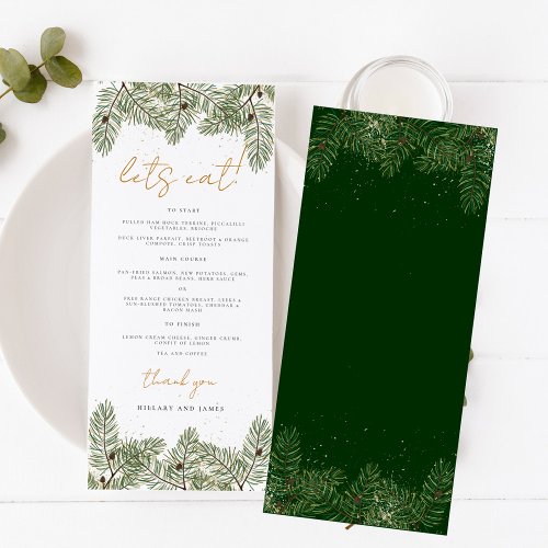 Lets Eat Whimsical Green Gold Pine Cone Weddings Menu