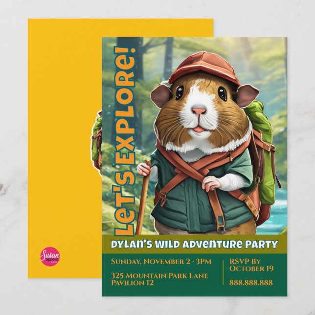 Let's Explore! Outdoor Guinea Pig Hiker Invitation (Front/Back)