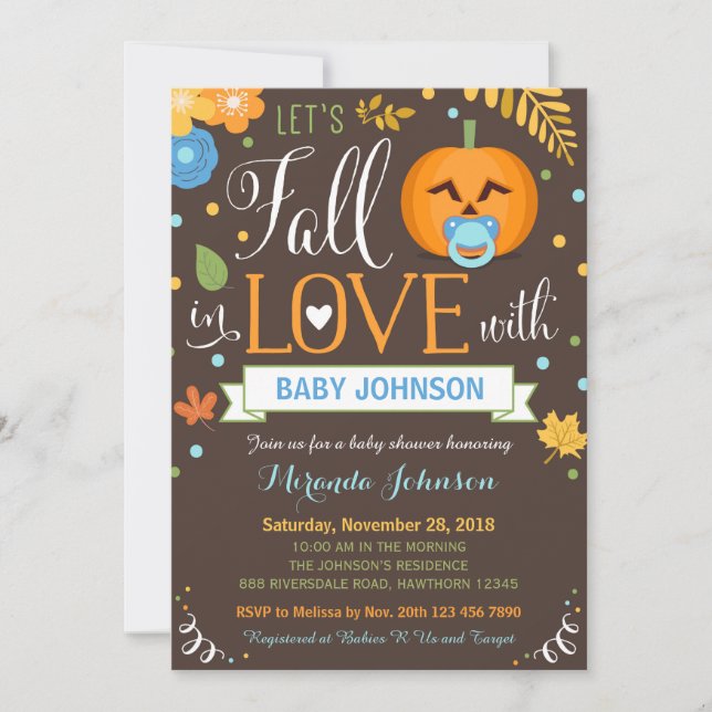 Let's Fall In Love, Pumpkin Baby Shower Invitation (Front)