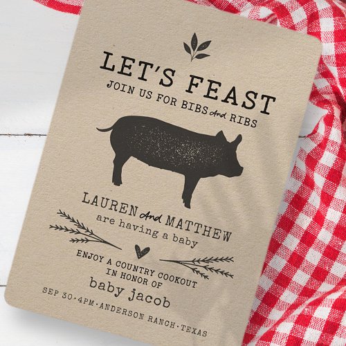 Lets Feast Modern Country Rustic BBQ Baby Shower Invitation