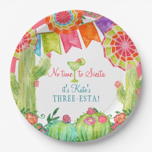 Lets Fiesta 3rd Birthday Cactus Flower w Margarita Paper Plates