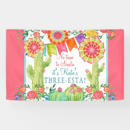 Lets Fiesta 3rd Birthday Cactus Flowers Girl Party Banner