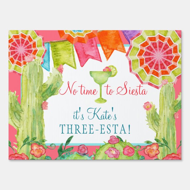 Lets Fiesta 3rd Birthday Party Cactus Flower  Sign (Front)