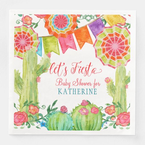 Lets Fiesta Baby Shower Watercolor Cactus Floral Paper Dinner Napkins