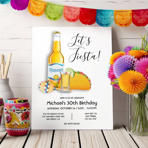 Lets Fiesta Beer tequila shot taco Birthday Invit Invitation