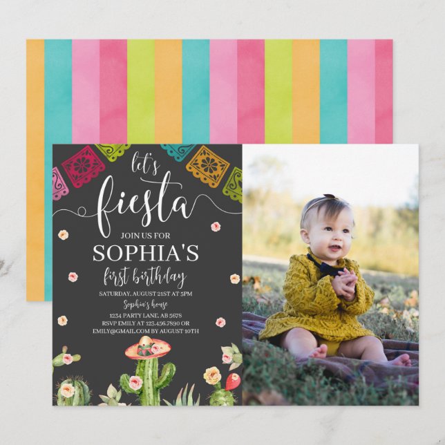 Let's Fiesta Birthday Photo Invitation Black (Front/Back)