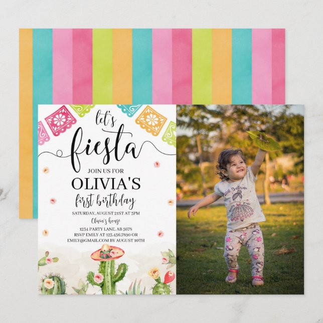 Let's Fiesta Birthday Photo Invitation White (Front/Back)