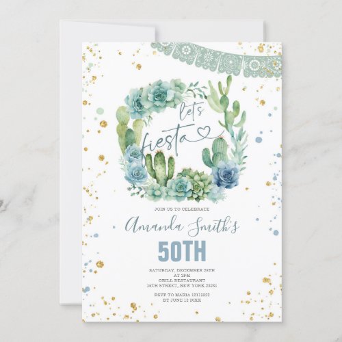 Lets Fiesta Blue Cactus Floral Any Age Birthday Invitation