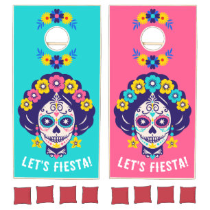 Let's Fiesta Bright Floral Sugar Skull Girl   Cornhole Set