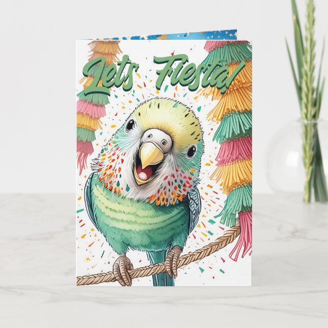Let's Fiesta Budgie Birthday Card - Cute Piñatas (Front)