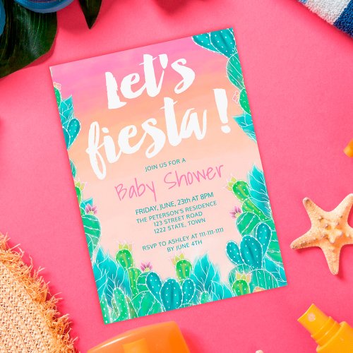 Lets fiesta Cacti pattern watercolor baby shower Invitation