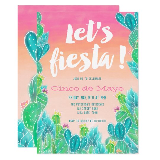 lets fiesta cacti pattern watercolor cinco de mayo invitation