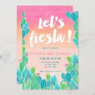 Lets fiesta Cacti pattern watercolor Cinco de mayo Invitation