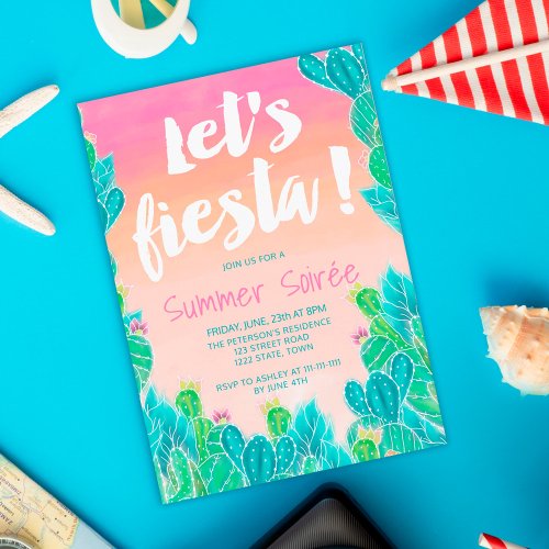 Lets fiesta Cacti pattern watercolor summer party Invitation