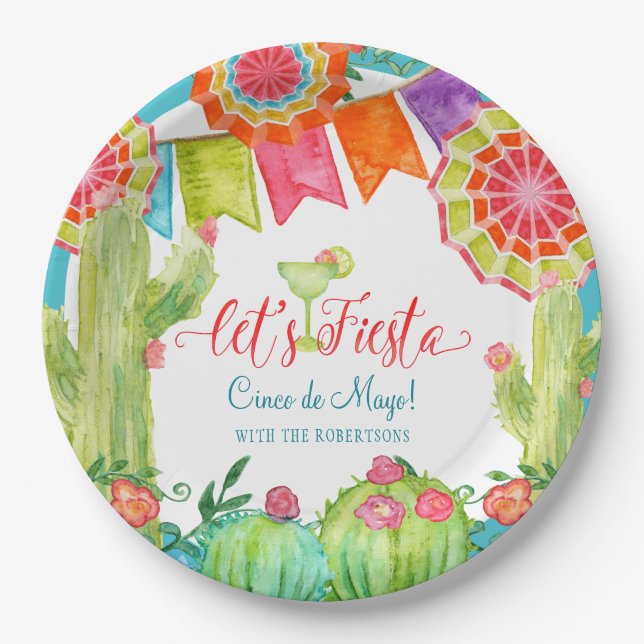 Lets Fiesta Cactus Blue Cinco de Mayo Margarita Paper Plates (Front)
