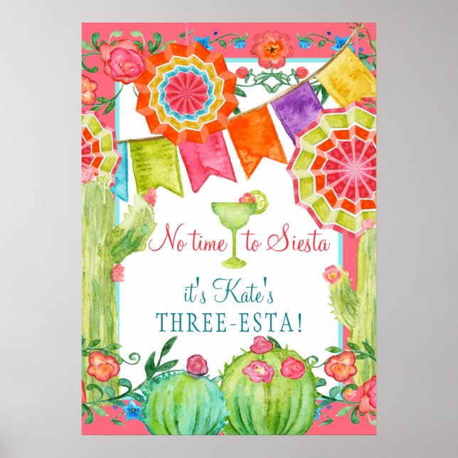 Lets Fiesta  Cactus Floral 3rd Birthday Party Poster (Front)