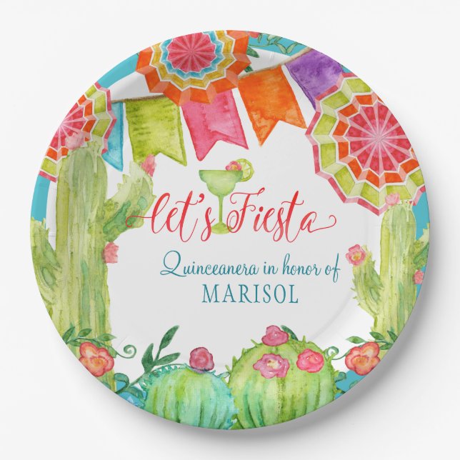 Lets Fiesta Cactus Quinceanera 15th Birthday Party Paper Plates (Front)