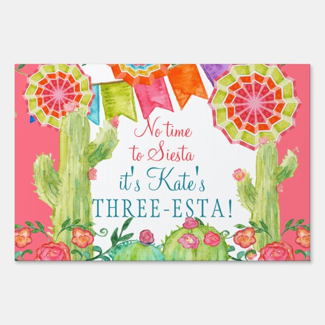 Lets Fiesta Floral Cactus 3rd Birthday Party Sign (Front)