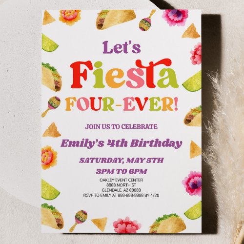 Lets Fiesta Four Ever Taco 4th Birthday Party Invitation