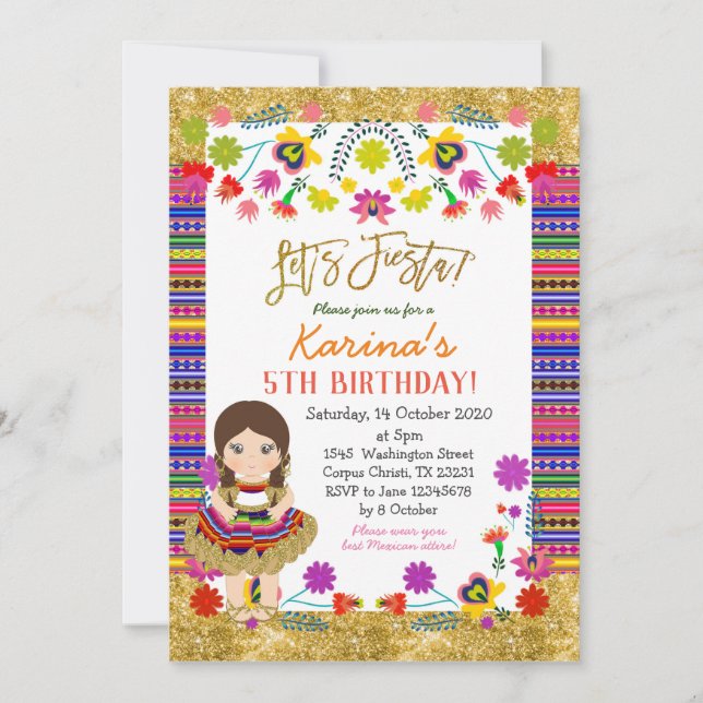 Let's Fiesta Girl Mexican Birthday Invitation (Front)