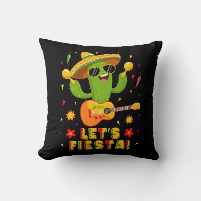 Let's Fiesta Guitar Cactus Funny Cinco De Mayo Throw Pillow (Front)