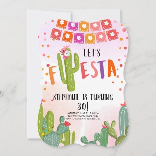 Lets Fiesta Party Mexican Cactus Adult Birthday Invitation