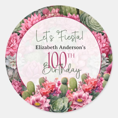 Lets Fiesta Pink Flower Cactus 100th Birthday Classic Round Sticker