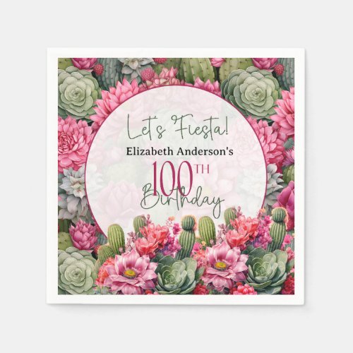 Lets Fiesta Pink Flower Cactus 100th Birthday Napkins