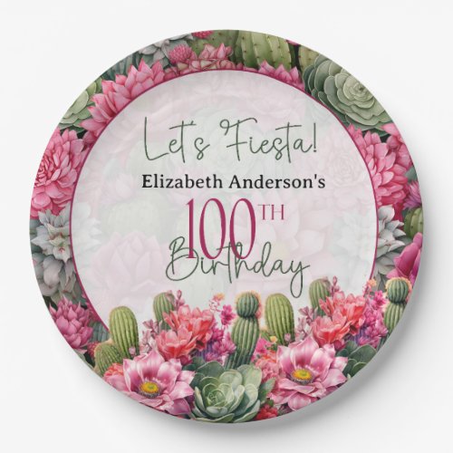 Lets Fiesta Pink Flower Cactus 100th Birthday Paper Plates