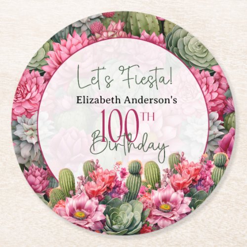 Lets Fiesta Pink Flower Cactus 100th Birthday Round Paper Coaster
