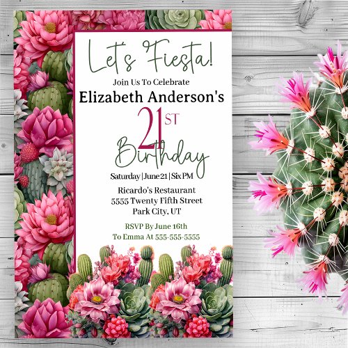 Lets Fiesta Pink Flower Cactus 21st Birthday Invitation