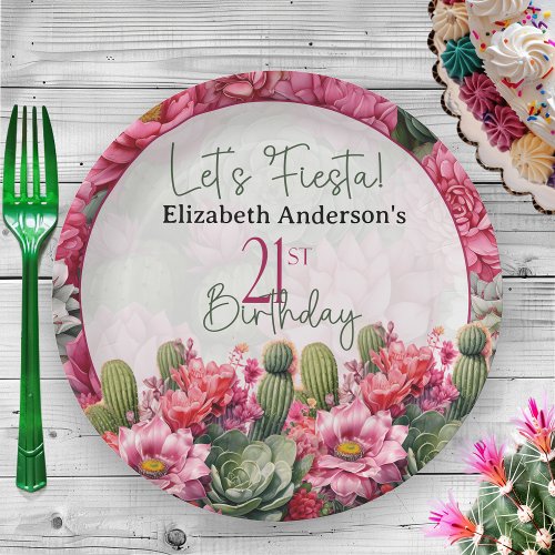 Lets Fiesta Pink Flower Cactus 21st Birthday Paper Plates