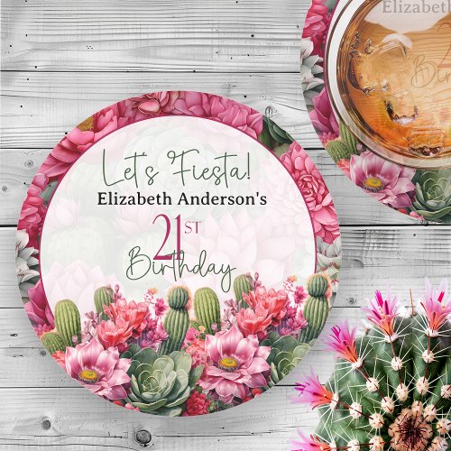 Lets Fiesta Pink Flower Cactus 21st Birthday Round Paper Coaster
