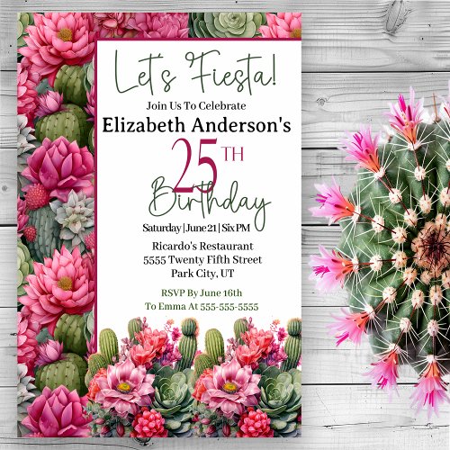 Lets Fiesta Pink Flower Cactus 25th Birthday Invitation