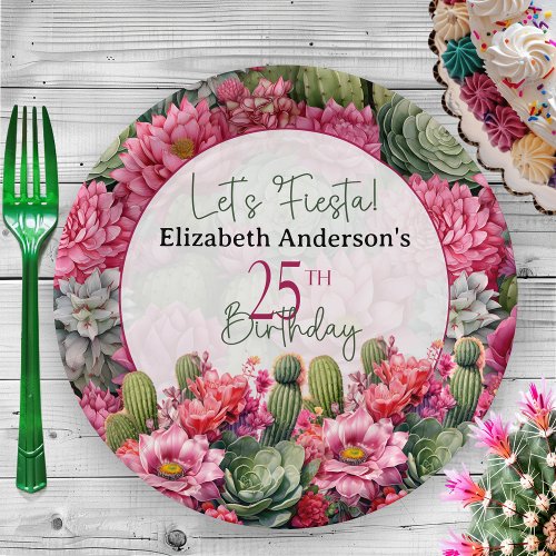 Lets Fiesta Pink Flower Cactus 25th Birthday Paper Plates
