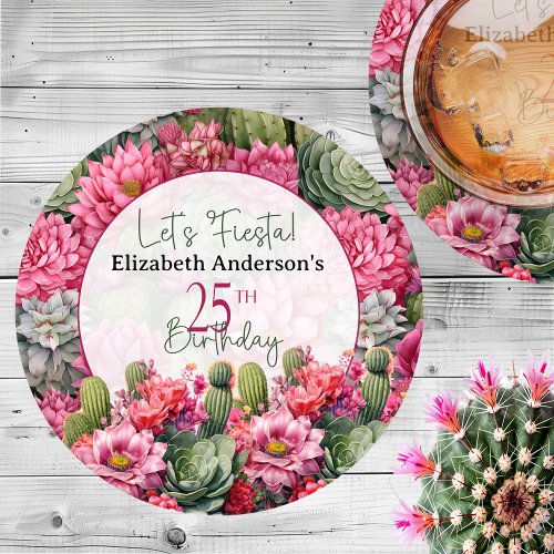 Lets Fiesta Pink Flower Cactus 25th Birthday Round Paper Coaster