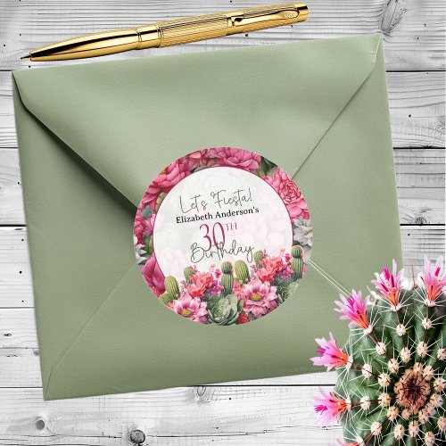 Lets Fiesta Pink Flower Cactus 30th Birthday Classic Round Sticker