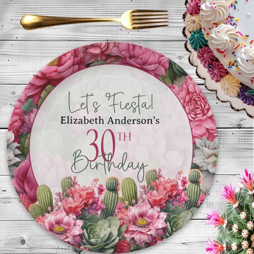 Lets Fiesta Pink Flower Cactus 30th Birthday Paper Plates