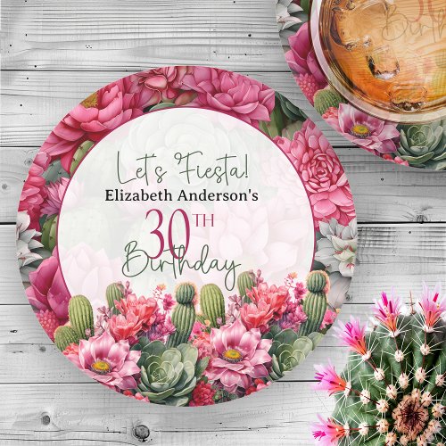 Lets Fiesta Pink Flower Cactus 30th Birthday Round Paper Coaster
